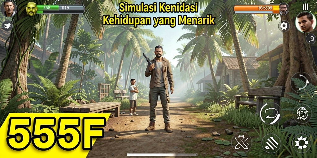 Screenshot menunjukkan pengalaman gameplay mendalam dalam 555F.