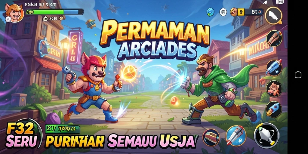 Screenshot gameplay F32 menampilkan aksi seru di level arcade.