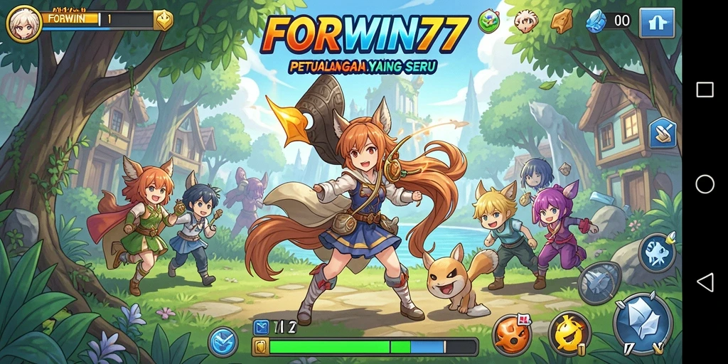 Tampilan screenshot utama FORWIN77 yang menunjukkan aksi seru gameplay Anime.