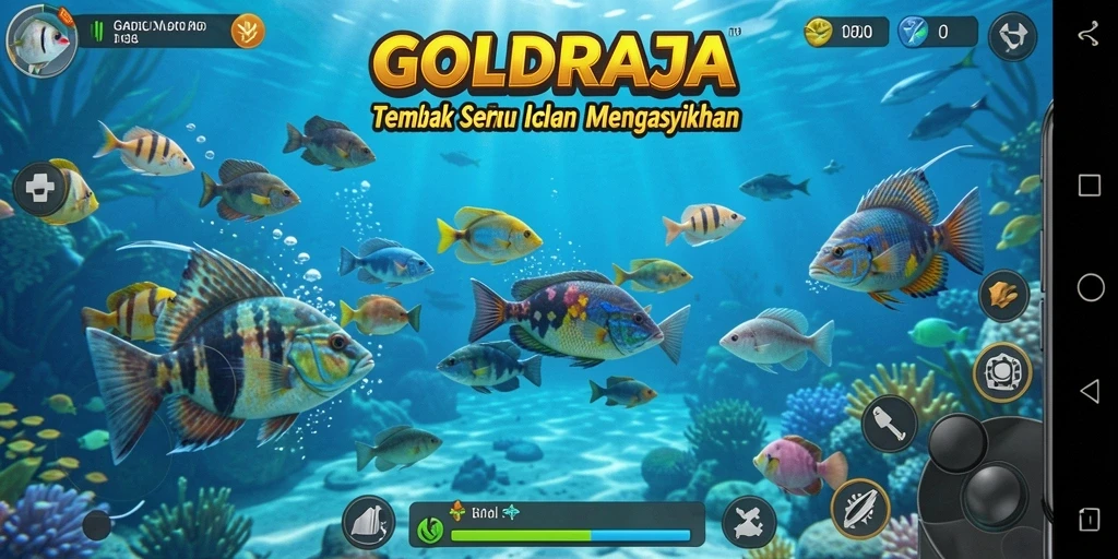 Screenshot GOLDRAJA menampilkan pengalaman menembak ikan yang mendebarkan.