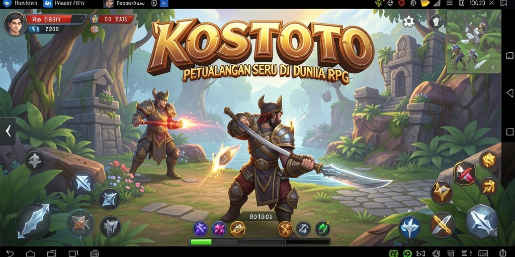 Screenshot gameplay KOSTOTO menampilkan karakter dalam pertarungan epik di dunia RPG.