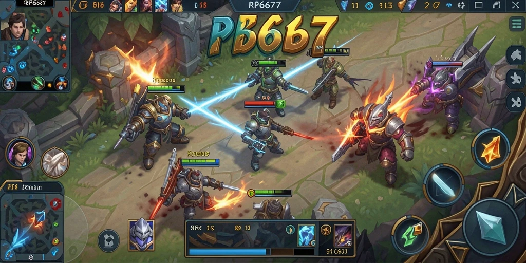 Screenshot gameplay RP6677 menampilkan pertarungan seru di arena MOBA.