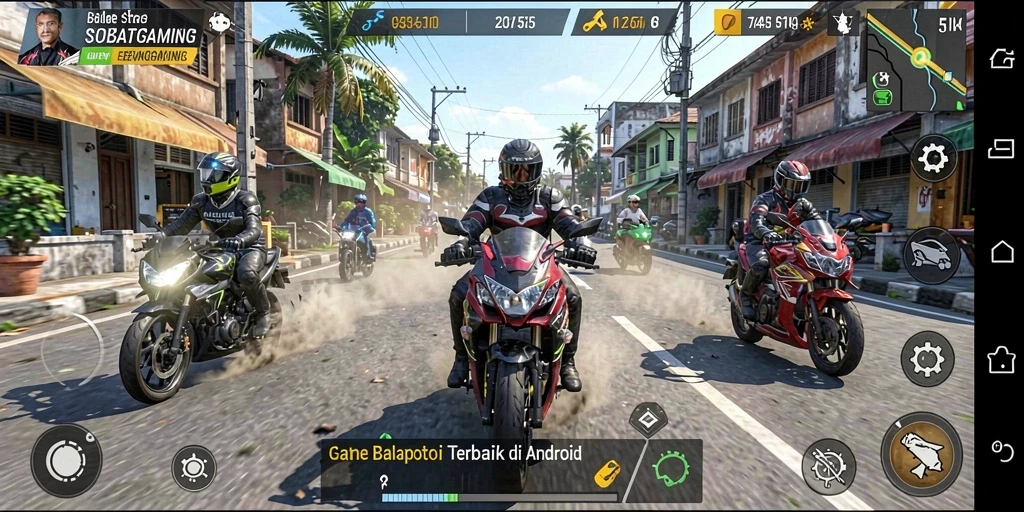 Tampilan gameplay seru SOBATGAMING dengan aksi balap motor mendebarkan.